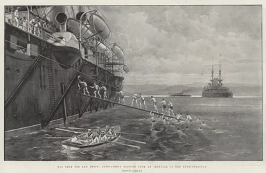 Far from Fog and Frost, Bluejackets bathing from an Ironclad in the Mediterranean